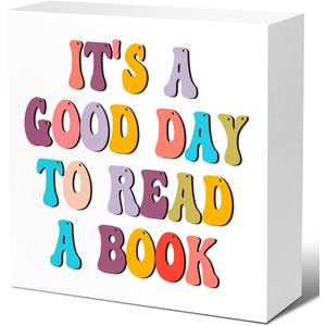 LVQHI Reading Interest Wood Block Sign Shelves Decor, It's A Good Day to Read A Book Wooden Box Sign, Classroom Library Reading Room Decor Desk Signs, Book Lover Gift for Kids 5" x 5" V438