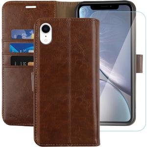 MONASAY Wallet Case Compatible for iPhone XR, 6.1-inch, [Glass Screen Protector Included] [RFID Blocking] Flip Folio Leather Cell Phone Cover with Credit Card Holder, Brown