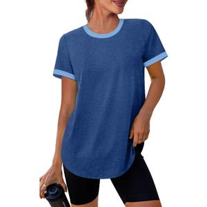 Women's Workout Tops Summer Short Sleeve Shirts Athletic Color Block Gym Clothes Outfits Sun Protection UPF 50+ T Shirts (X-Large, Navy Blue)