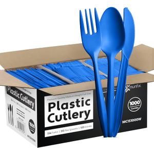 1000 Count Blue Silverware Set, 334 Plastic Forks, 333 Spoons, 333 Knives, Medium Weight BPA Free Disposable Cutlery Set, Bulk Combo Pack Flatware Set for Party Supplies
