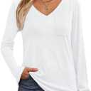 AUTOMET Womens Long Sleeve Shirts V Neck Casual Tops with Pockets Loose Dressy Basic Fall Outfits Clothes Winter Trendy 2025 (Small, White)