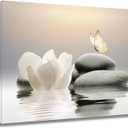 EOBTAIN Zen White Flower Canvas Wall Art Floral and Butterfly on Stone Modern Framed Picture Yoga Spa Spiritual Painting Artwork Print Decor for Bathroom Bedroom Living Room 24x16 Inches