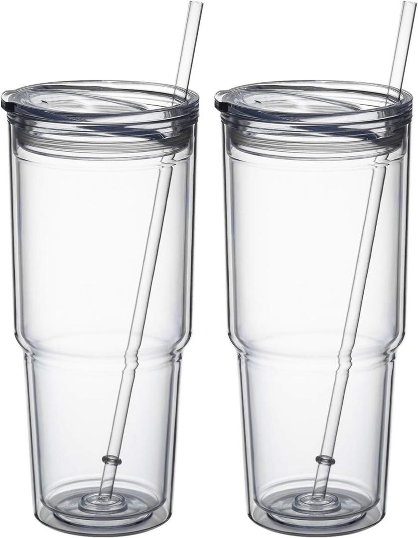 MEWAY 30oz/2 pcs Classic Insulated Tumblers,Double Wall Acrylic Tumbler with LidReusable Plastic Insulated Tumblers with Strawfor Cold Drinks, Sand Ice (Transparent, 2 Pack)