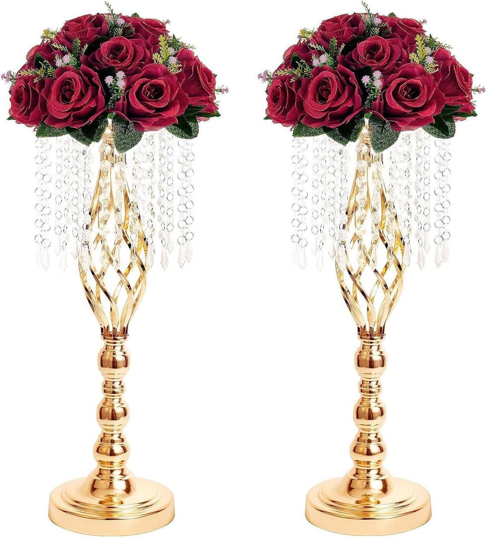 Metal Flower Stands with Crystal Beads, Wedding Centerpieces for Table Decorations, Elegant Metal Flower Arrangement Stands, Flower Vases for Wedding Party Celebration Home Decor (Gold-2pcs)