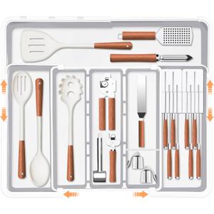 Homecor Kitchen Utensil Drawer Organizer, Large 22"x 19" Expandable Silverware Organizer with Removable Knife Block, Utensil Holder and Cutlery Tray, Kitchen Spatula Tools and Gadgets Storage, White