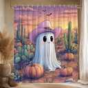 Halloween Desert Ghost Shower Curtain Tropical Cactus Pumpkin Scary Bat Mountain Sunset Scene Bathroom Decor Polyester Curtains with Hooks,70Wx70L (Orange)