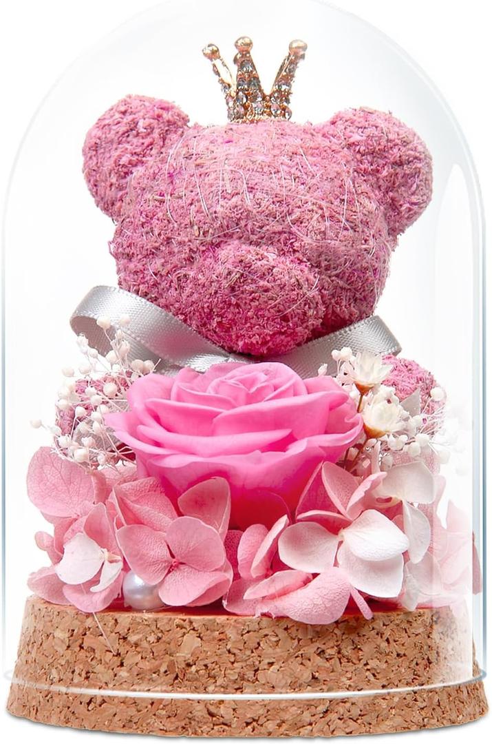 Preserved Rose Flowers Gifts for Her, Real Forever Rose in Glass Dome with Adorable Bear for Girlfriend,Mom,Wife,Grandma on Birthday Anniversary Valentine's Day (Pink)
