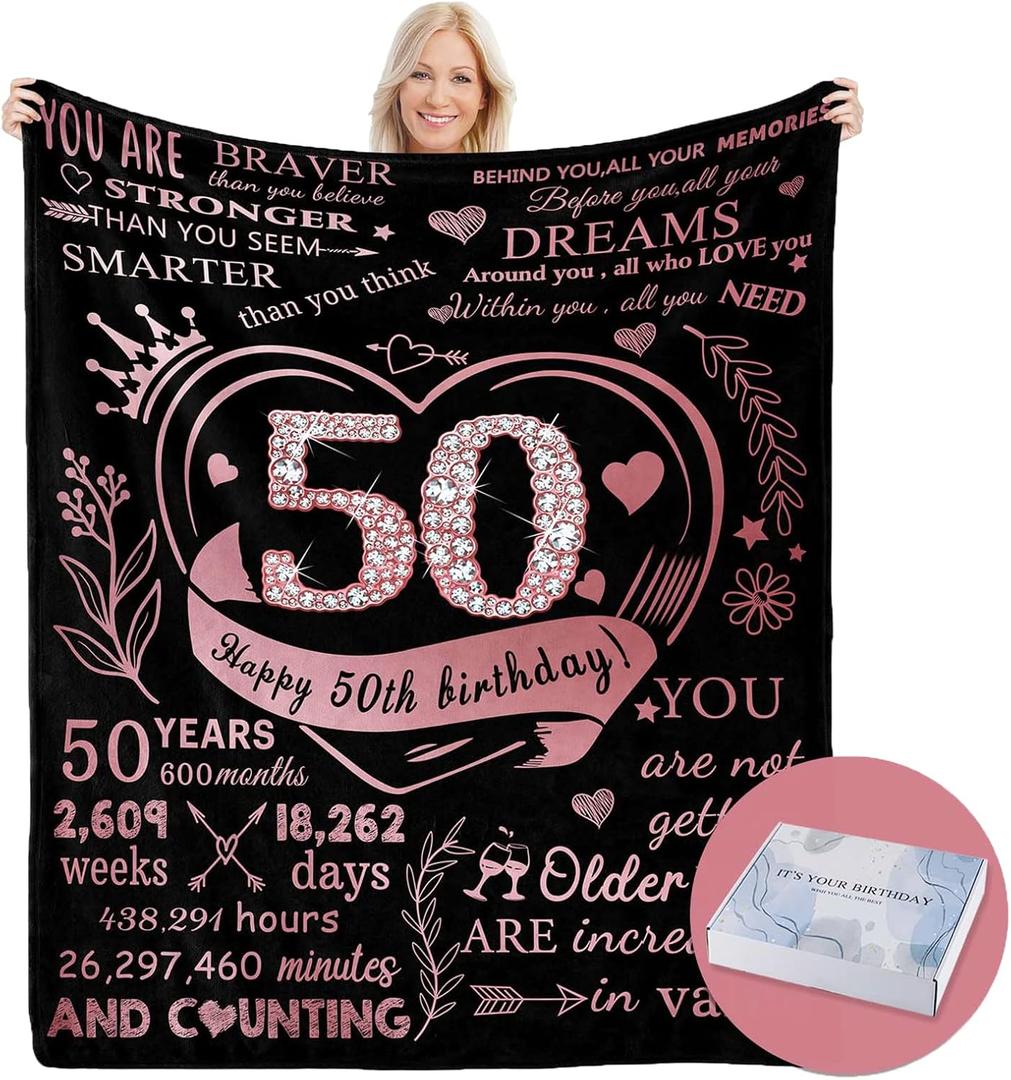 50th Birthday Blanket Gifts for Women with Gift Box, Gifts for Women Turning 50, Happy 50th Birthday Gift Ideas for Her, 50th Birthday Decorations Throw Blanket 60''x50'' (Rose)