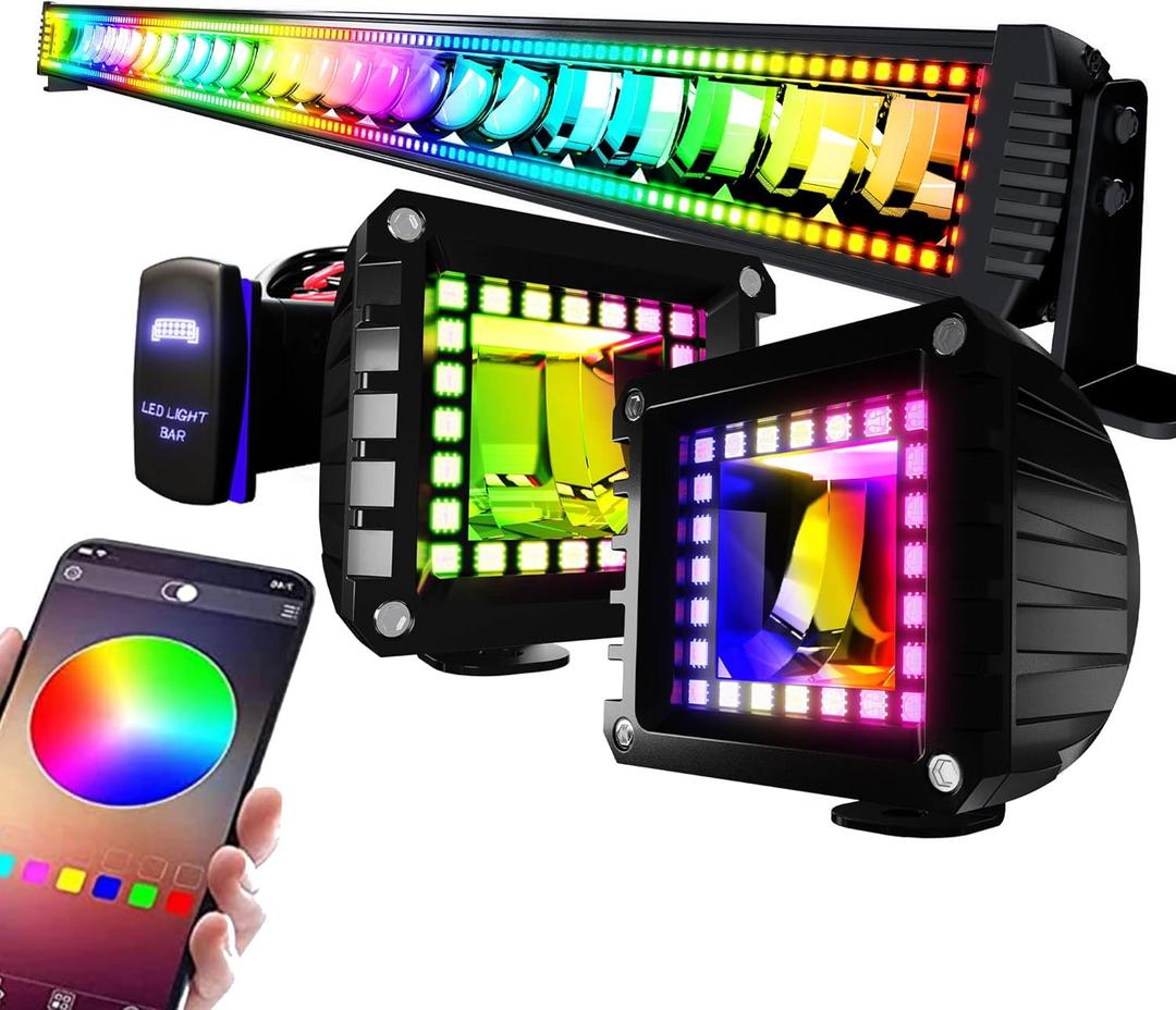 52" RGB LED Light Bar 2Pcs 4" Flood LED Pods with Multi-Color Chasing RGB Halo 16 Solid Colors Over 92 Flashing Modes Offroad Lights Driving Lamp Fog Lights with Switch Wiring Harness