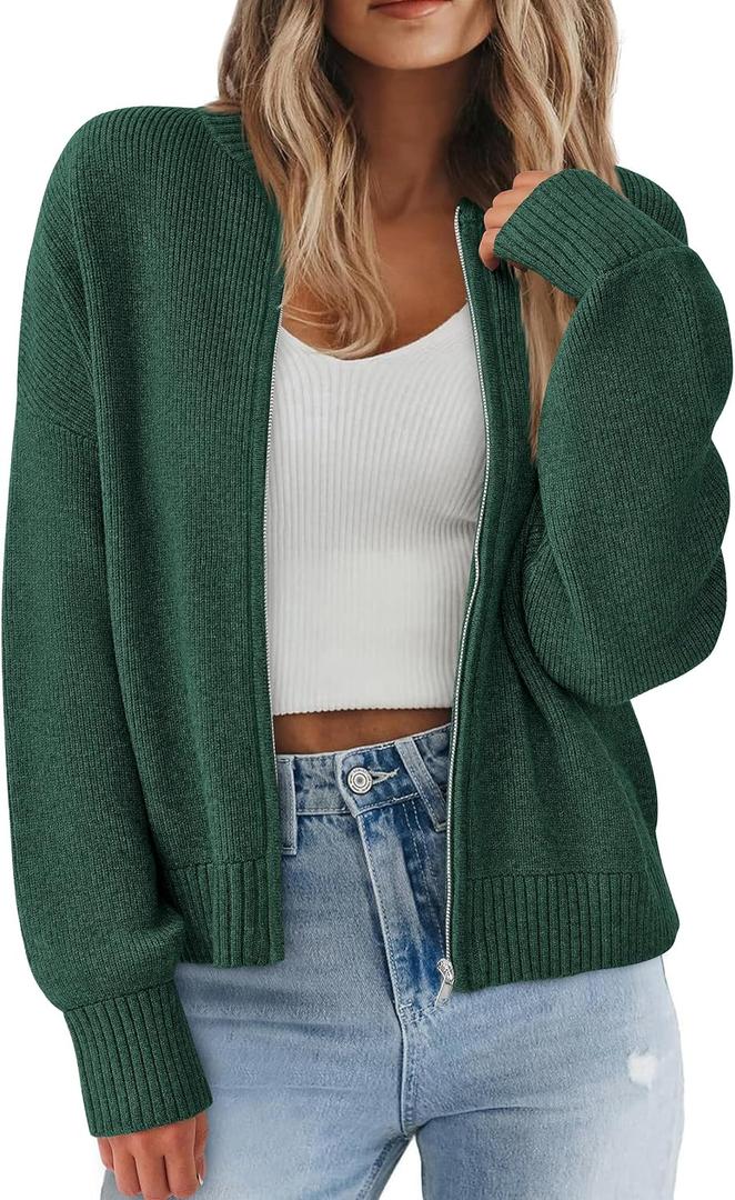 NALANISA Women's Chunky Cardigan Sweaters Fall Open Front Long Sleeve Ribbed Knit Zipper Short Cardigans Outerwear Coats (Large, Dark Green)