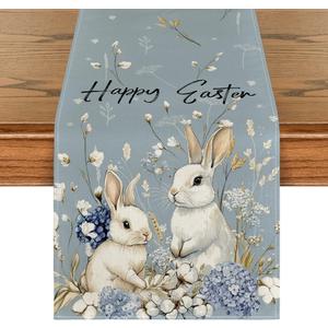 Artoid Mode Bunny Rabbit Hydrangea Happy Easter Table Runner, Seasonal Spring Kitchen Dining Table Decoration for Home Party Decor 13x90 Inch (Blue)