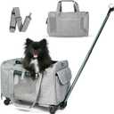 Pet Carrier With Wheels for Dogs Up To 15lbs – Airline Approved Dog Carrier - Rolling Pet Carrier w/ Removable Wheels & Washable Plush Mat – Cat Travel Carrier w/ Telescopic Handle & Shoulder Strap