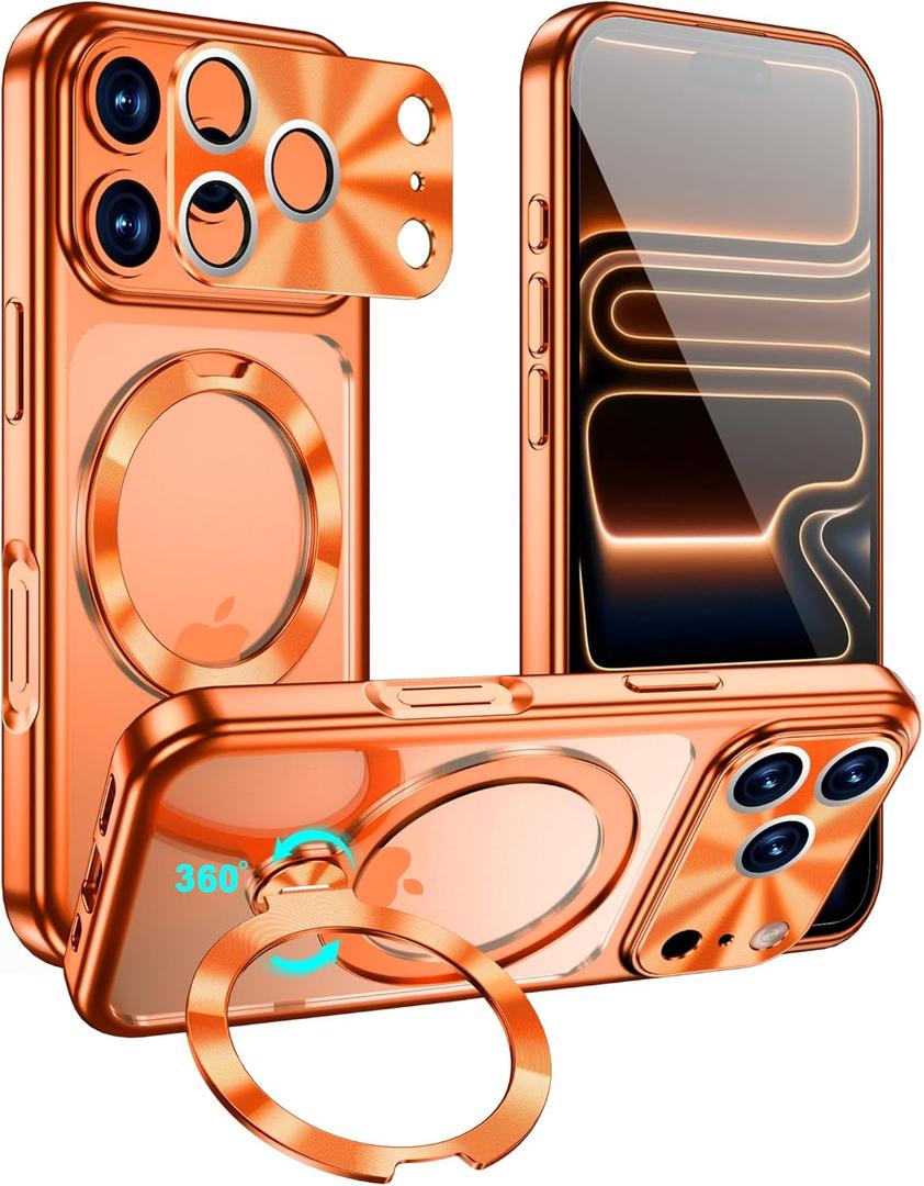 for iPhone 17 Pro Max Case with 360 Spin Stand & CD Metal Ring | Military-Grade Shockproof | Compatible with MagSafe & Camera Lens Protection | Slim Clear Back & Plating Anti-Yellowing (Orange)