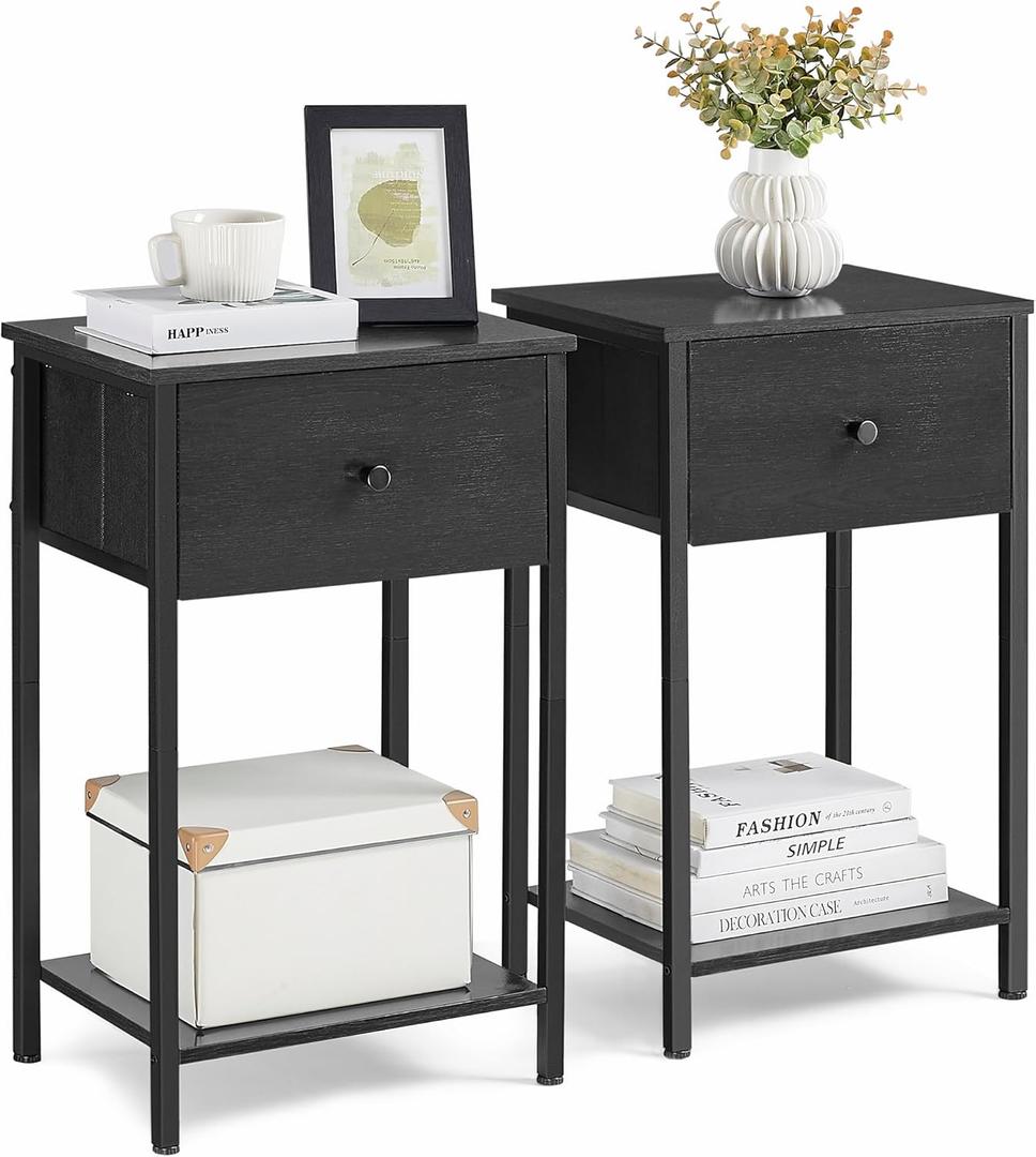 VASAGLE Nightstands, Set of 2, Side Table with Fabric Drawer, 24-Inch Tall End Table with Storage Shelf, Bedroom, Black ULGS221B21