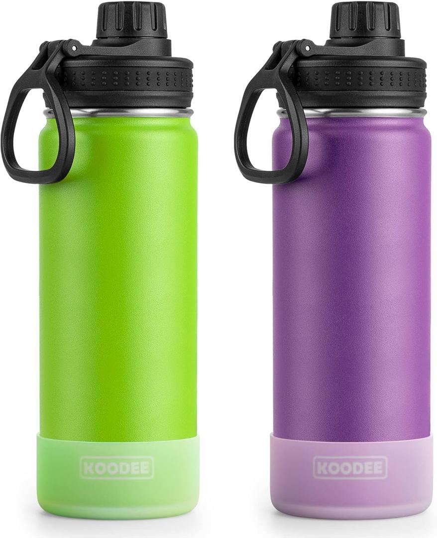 koodee Water Bottle 2 Pack-26 oz Stainless Steel Insulated Sports Metal Water Bottle-Double Wall Vacuum Flask with Leakproof Spout Lid (Apple Green-Purple)