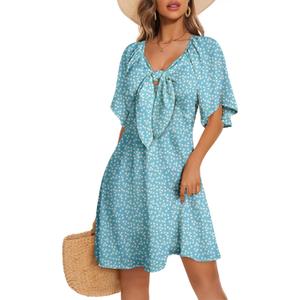 Dokotoo Womens Dresses 2026 Deep V Neck Elegant Bow tie Mini Dress S-XL | Short Sleeve,V Neck,Graduation Party Dress,Elegant,Cocktail,Flowy Beach Vacation Wear,Casual Dress (Blue, S)