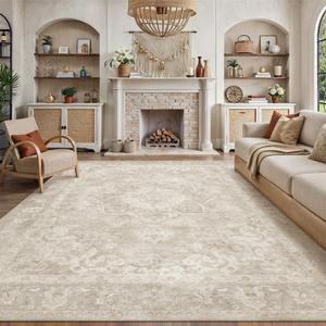 PureCozy Beige 9x12 Area Rug for Living Room Washable Vintage Large Carpet Non Slip Low Pile Indoor Bedroom Soft Retro Oriental Medallion Accent Throw Rug for Kitchen Dining Room Office