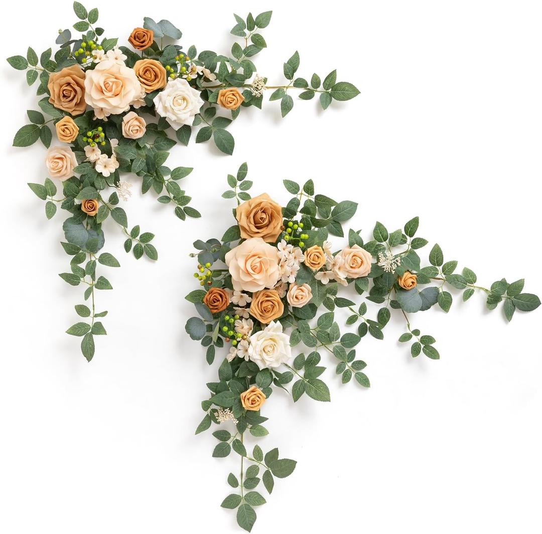 Ling's moment 2PCS Apricot Peach Artificial Flower Garland Wedding Arch Flowers Floral Swags Centerpieces Decoration Rose Greenery for Sweetheart/Head Table Easel Wall Entryway Board Backdrop