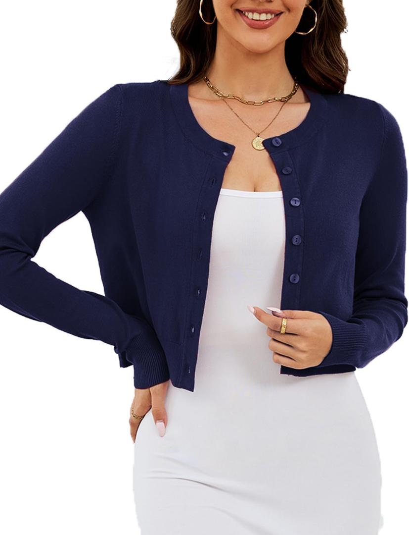 Naggoo Women's Cropped Cardigan Bolero Shrug Button Down Long Sleeve Knit Sweater (Blue, XXL)