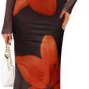 ZESICA Women's Long Sleeve Floral Maxi Dress 2026 Fall Off Shoulder Bodycon Ruched Mesh Cocktail Wedding Guest Dresses (XL)