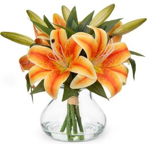 Hollyone Fall Artificial Flowers in Vase Tiger Lily Real Touch Orange Silk Faux Flowers Arrangements with Glass Vase with Faux Water Fake Floral Bulk Lily Bouquet Shelf Table Centerpiece Home Decor