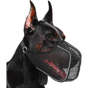 Mayerzon Dog Muzzle, Patented Mesh Muzzle with Panting Room for Large Medium Small Sized Dogs, Soft Mouth Guard to Prevent Biting Eating for Grooming Vet Visit Walking, Reflective and Full Covered (L [Snout Cir: 10.75-12"], Black)