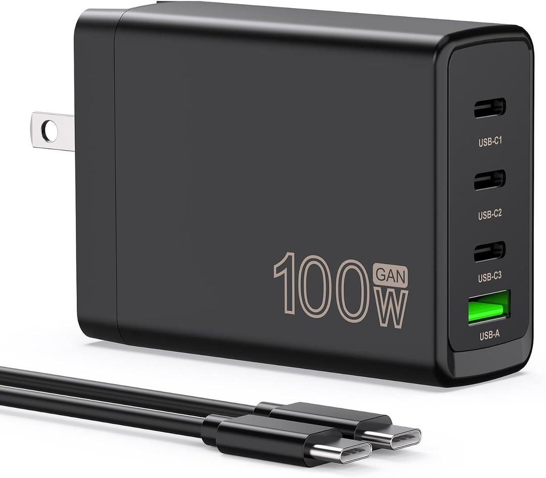 100W USB C Charger Block,4-Port GaN Fast Charger Compatible with MacBook Pro, MacBook Air, Google Pixelbook, ThinkPad, Dell XPS, iPad Pro, Galaxy iPhone All USB C Devices 6ft