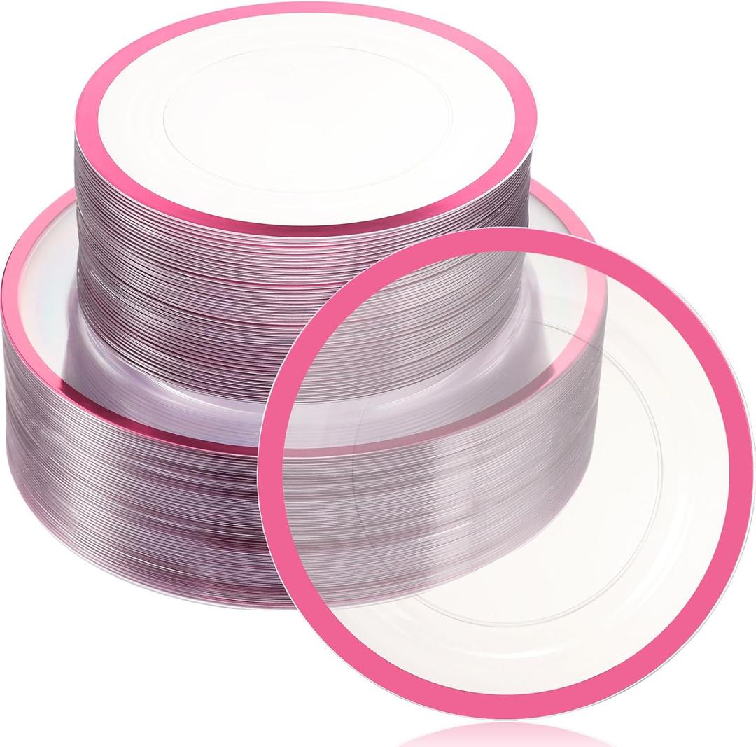 Wesiti 100 Pcs Clear Plastic Plates Disposable Dinnerware Set Includes 50 Dinner Plates 10.25 '', 50 Dessert Plates 7.5 '', Cake Salad Dessert Plates for Wedding Birthday Holiday Parties (Pink Rim)