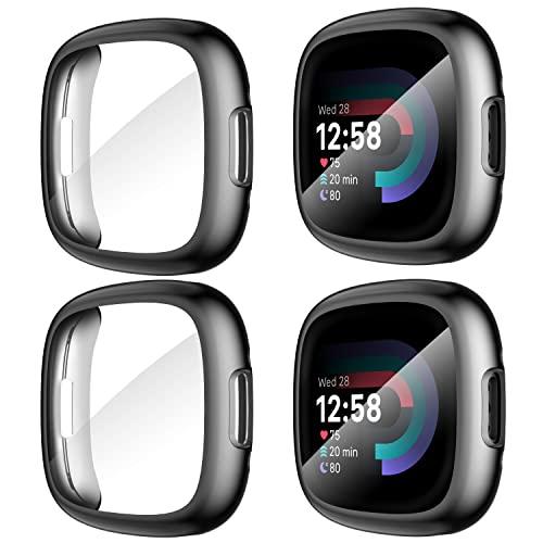 Suoman [4-Pack] for Fitbit Sense 2 /Versa 4 Screen Protector Case, Full Around Electroplate Soft TPU Bumper Around Protective Case Cover for Fitbit Sense 2/Versa 4 Smartwatch(Black+Black+Black+Black)