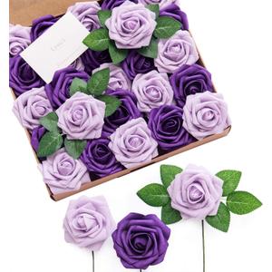 Ling's moment Artificial Flowers 25Pcs Purple Roses Decor w/Stems,3" Real Touch DIY Foam Floral for Wedding Bouquet/Centerpieces, Outdoors Party Backdrop, Room/Table, and Garden/Pot Decorations (Pr- Purple & Lilac)