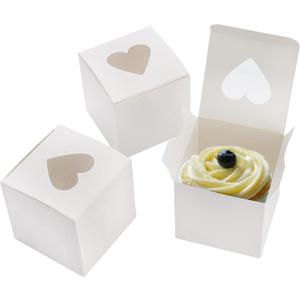 Suwimut 100 Pack White Individual Cupcake Containers with Heart Shaped Window, 3 Inch Small Single Bakery Box Cardboard Holder for Mini Cake Cookie Dessert, Packaging Togo Box for Birthday Party Favor