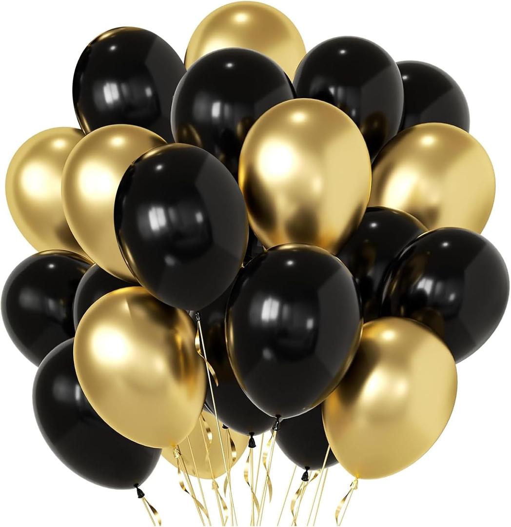 Black and Gold Party Balloons, Black Gold Latex Balloons 50pcs 12 Inch Metallic Gold and Black Balloon for Graduation Birthday Weddings New Year Anniversary Retirement Party Decorations