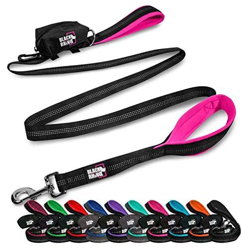 Black Rhino Heavy Duty Dog Leash for Medium and Large Dogs - 6 ft Long Double Handle Leash with Padded Traffic Control Handles and Bag for Comfort - Reflective, Durable, and Weather Resistant (Pink)
