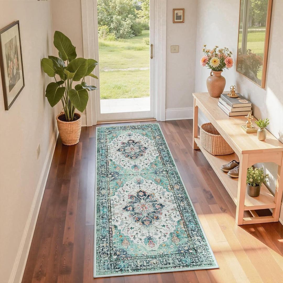 Area Rugs 2'x6' Runner Rug Non Slip Washable for Kitchen Hallway Bedroom Beside Laundry Room Bathroom Rug, Floor Carpet, Green Navy Blue White Red Teal Colorful