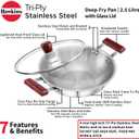 Hawkins 2.5 Litre Deep Fry Pan, Triply Stainless Steel Kadai with Glass Lid, Flat Bottom Induction Kadhai, Silver (SSD25G)
