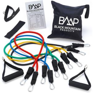 Black Mountain Products Resistance Band Set with Door Anchor, Ankle Strap, Exercise Chart, and Carrying Case, 48"