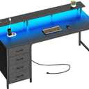 Huuger 55 Inch Computer Desk with Power Outlets and LED Lights, Gaming Desk with 4 Drawers, Office Desk with Monitor Stand, Study Work Home Office, Black