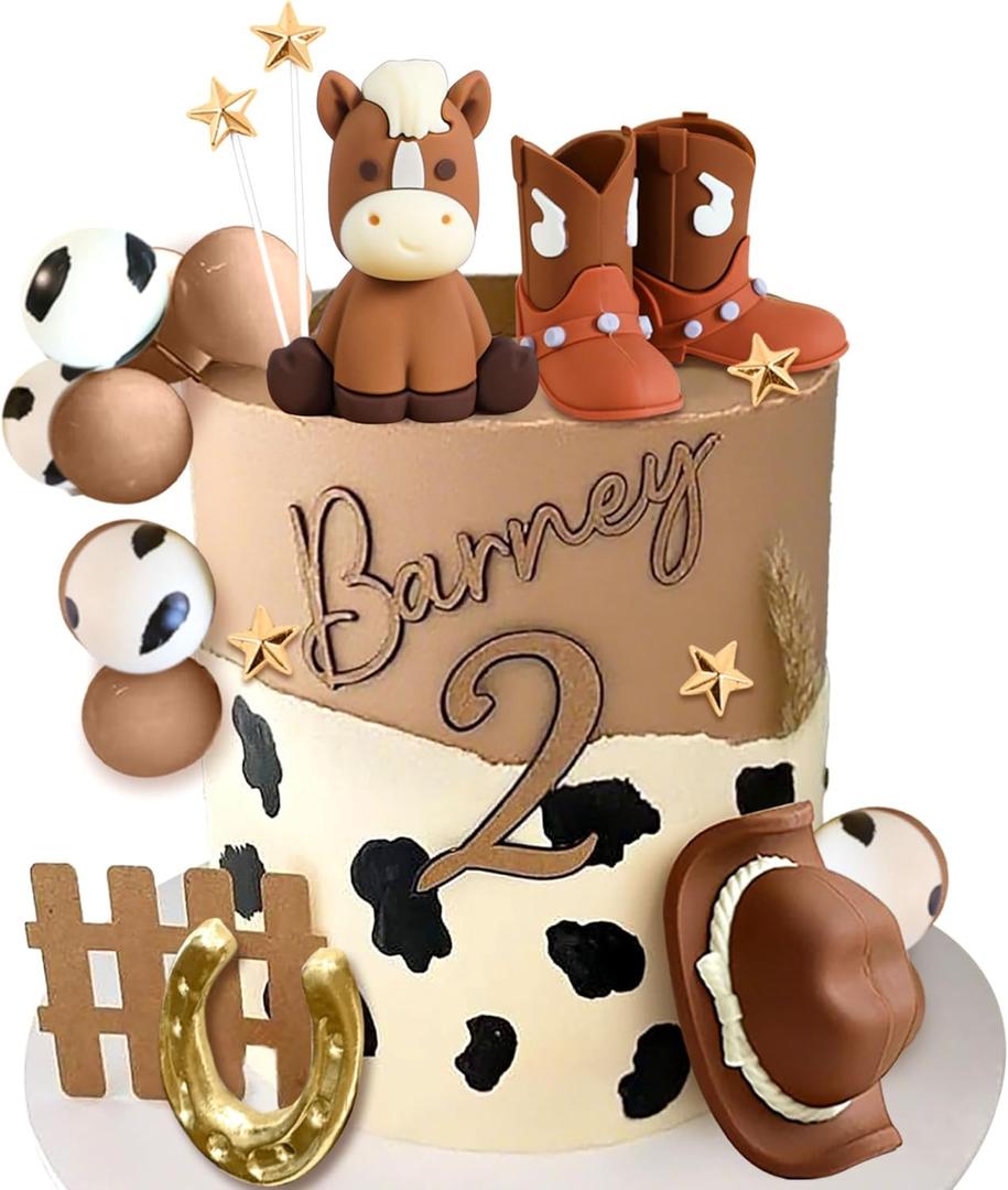 JeVenis Cowboy Rodeo Cake Topper Cowboy Western Horse Cake Decorations Cowboy Hat Birthday Cowgirl Boots Cake Topper Cow Balls Cake Decoration (Brown)