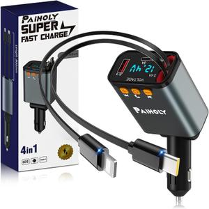 [2025 Compact] Bluetooth 5.3 Car Adapter, FM Transmitter Bluetooth Car Charger, 4 in 1 Retractable Car Charger for Phone, USB C Fast Charging Adapter for RV SUV Truck, iPhone 17/16/15/14