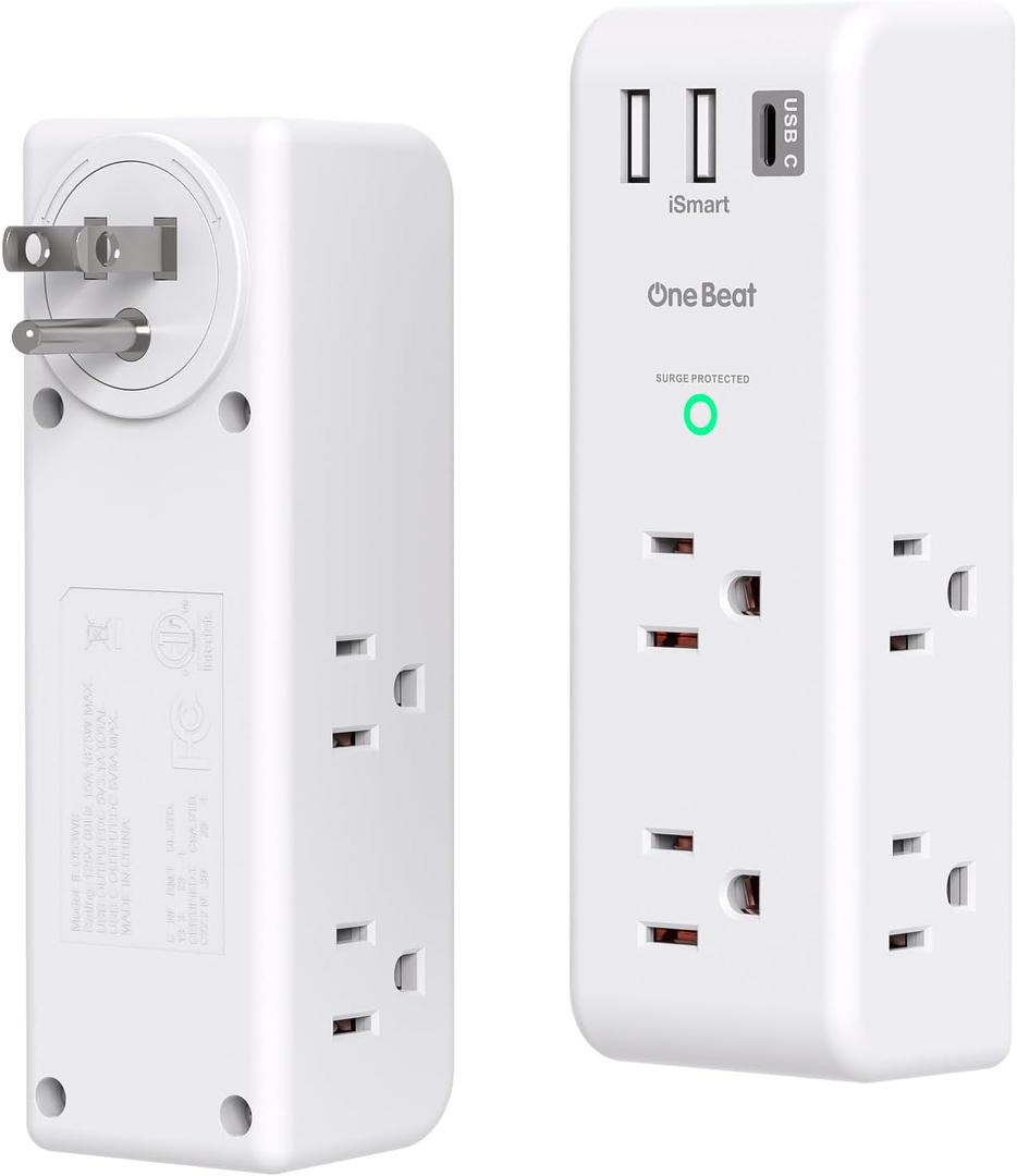 Surge Protector Outlet Extender with Rotating Plug, 6 AC Multi Plug Outlet with 3 USB Ports (1 USB C), 1800 J, 3-Sided Swivel Power Strip with Spaced Outlet Splitter for Dorm Office, White-2 Pack