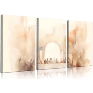 3Pcs The Last Supper Canvas Wall Art Christian Watercolor Retro Jesus Wall Decor Pictures Bible Stories Prints Minimalist Religious Faith God Paintings for Dining Room Home Decoration, 16x24in