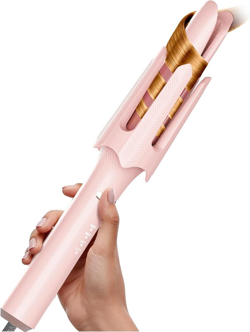 Auto Rotating Hair Curler - 4 Temperature and Timer Settings, Automatic Curling Iron with Automatic Shut-Off, Anti-Tangle and Scalding, Curling Wand for Long Lasting Curls (Pink)