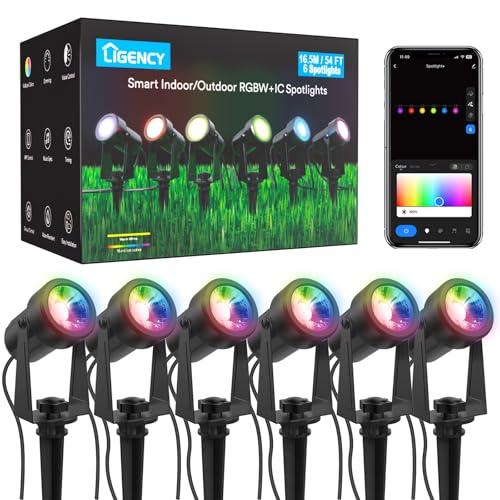 Ligency Smart Low Voltage Landscape Lights, 6 Pack Outdoor Spot Lights IP65 Waterproof Work with APP, Alexa and Google Assistant, RGBW Color Changing Spotlights for Yard Garden, 54Ft