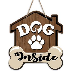 Dog Inside Front Door Sign, Doghouse Bone Paw Prints Wood Door Hanger Outdoor Outside Porch Decor, Farmhouse Wooden Wreath Indoor Wall Hanging Decoration Pet Owner Lover Gift