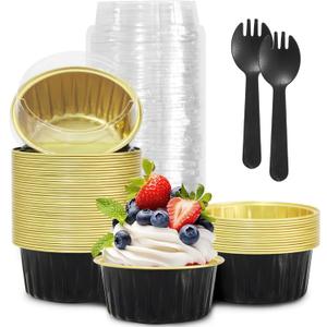 Graduation Party 50Pcs Mini Aluminum Foil Cupcake,5oz Baking Cups with Lids,Mini Cake Pans Disposable,Loaf Pans with Lids,Disposable Ramekins,Tin Cups Containers for Cupcake,Pudding,Muffin (50, Black)