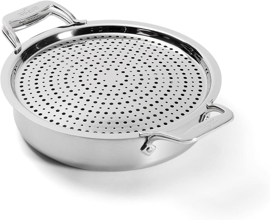 All-Clad D5® 5-Ply Brushed Stainless Steel Sauteuse with lid and Strain & Splatter Guard, 4-Quart, Induction, Oven & broiler safe up to 600°F, Cookware, Kitchen Essential, Pots and Pans, Silver
