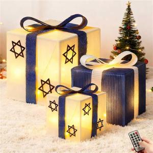 Colingmill 3 Pcs Hanukkah Decorations Lighted Gift Boxes with Star of David White and Blue Silver Glitter Fabric 60 LED Battery Operated Present Box for Indoor Outdoor Holiday 6, 8, 10'' Square Boxes