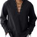 Men's Cotton Linen Shirt Drawstring Arm Banded Tops Medieval Viking Pirate Renaissance Halloween Costume (4X-Large, Black)