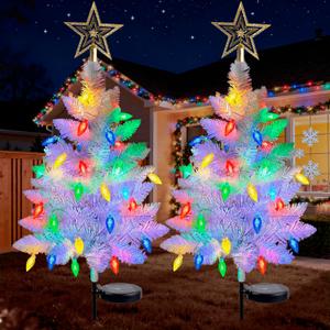 2 Pack 39'' Solar Christmas Tree Lights Outdoor - Large White Solar Christmas Tree with 100 LED Multi-Color C6 String Lights for Outside Decorations, Xmas Trees Decor for Yard Pathway Cemetery