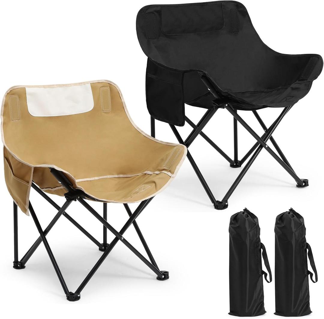  2 Pack Compact Camping Chairs Portable Folding for Outside with Carry Bag Lightweight Moon Chairs for Travel Picnic Hiking Beach Fishing, 600D Oxford, Supports 330lbs(Khaki, Black), 27.17 x 17.72 x 17.72 inches